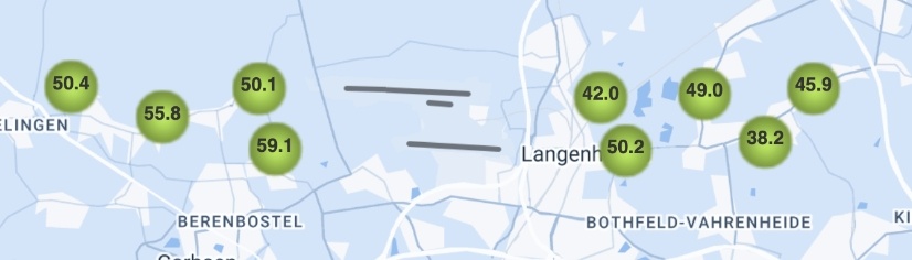 Karte der Messstellen rund um die Landebahnen des Hannover Flughafens