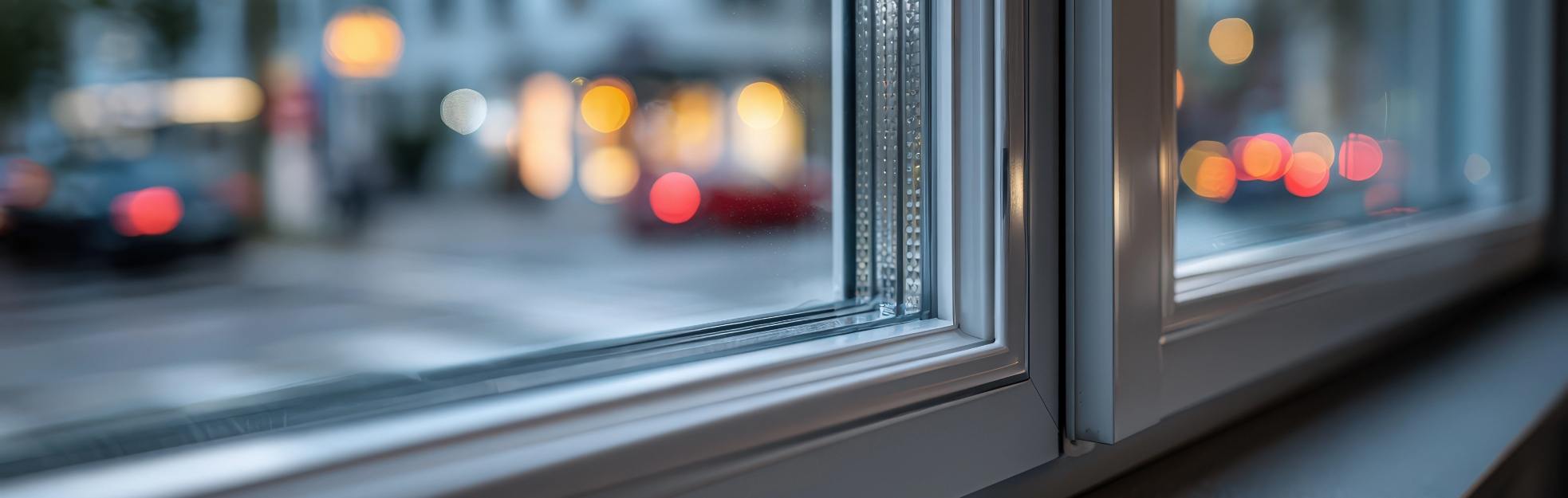 Nahaufnahme eines modernen Schallschutzfensters mit mehrschichtiger Verglasung und weißem Rahmen