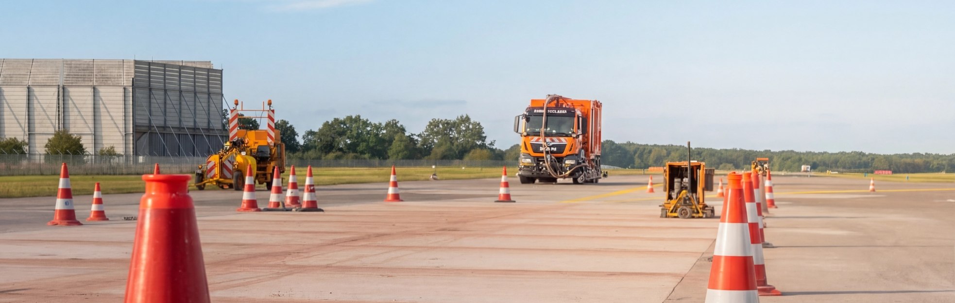 Startbahn mit mehreren orange-weißen Verkehrskegeln und zwei orangefarbenen Fahrzeugen im Hintergrund